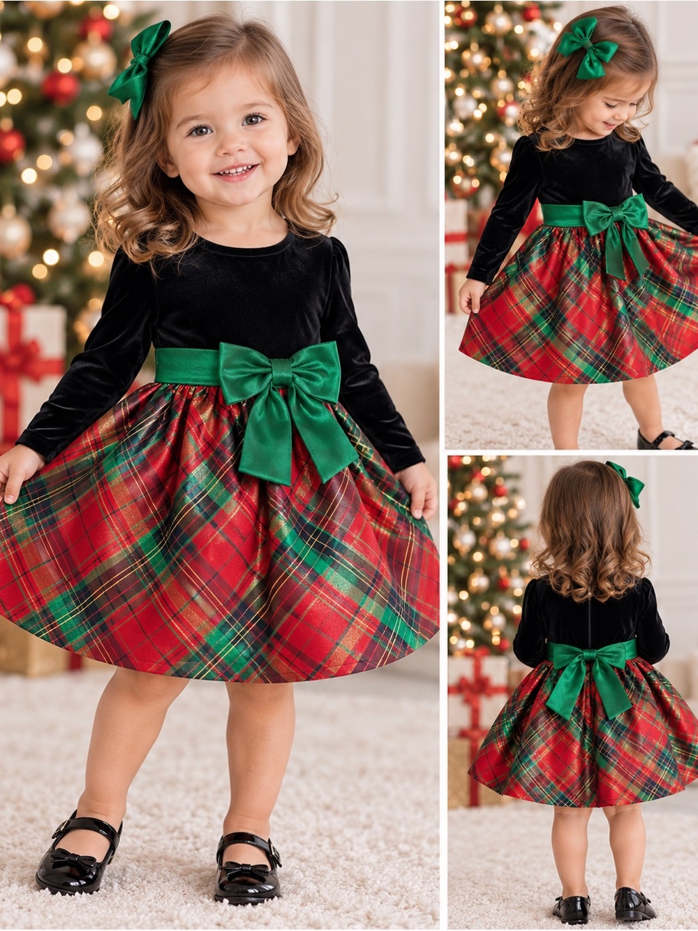 Bonnie Jean Girls 2T Black Velvet Plaid Christmas Holiday Dress